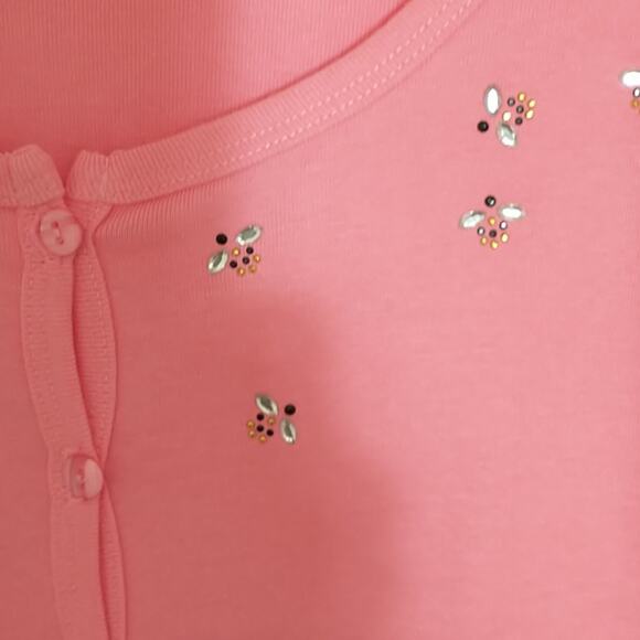 Sunburst Button Up Top Wmn's Sz M Pink Long Sleeve Soft Knit Embellished Cotton - Picture 7 of 9
